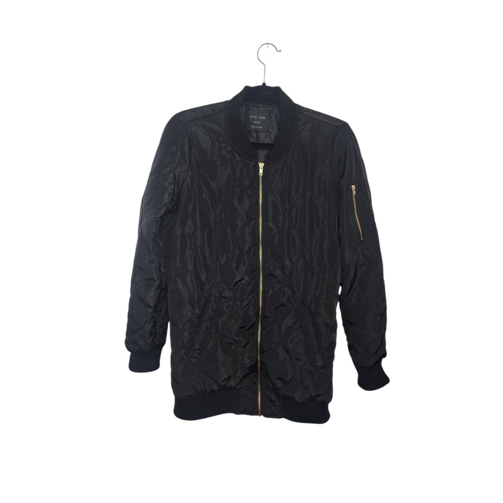 Love Tree Womens Black Quilted Bomber Jacket‎ Longline Zip Front Medium